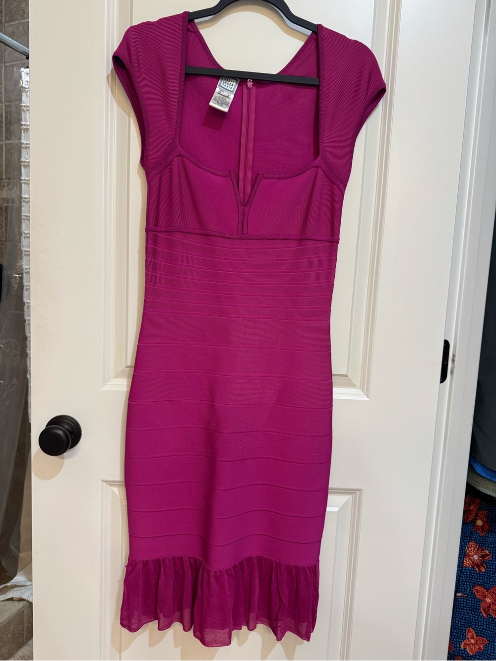 Herve Leger Fuchsia Cap-Sleeve Bandage Midi Dress with Ruffled Hem